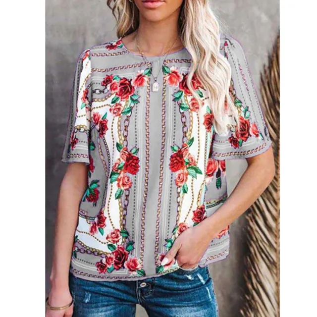 Women's Fashion Round Neck Short Sleeve T Shirt Print Top Grey - Shop at LoveMi