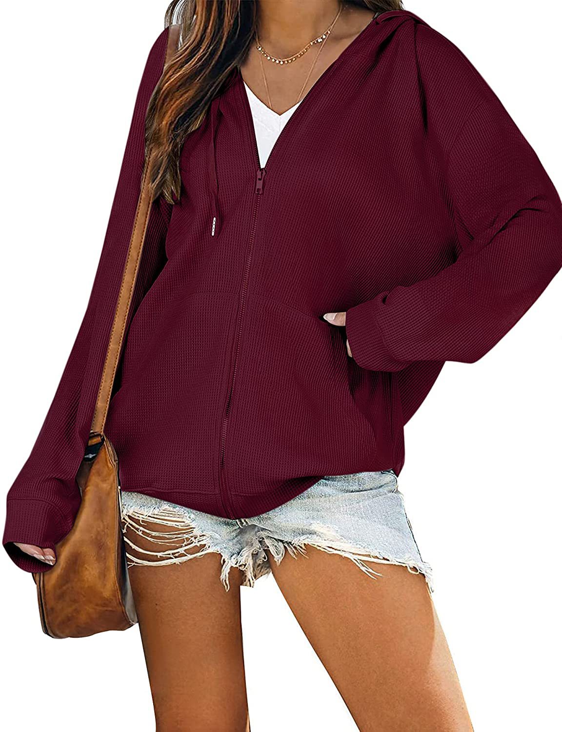 Zip Hooded Waffle Sweatshirt Casual Long Sleeve Jacket