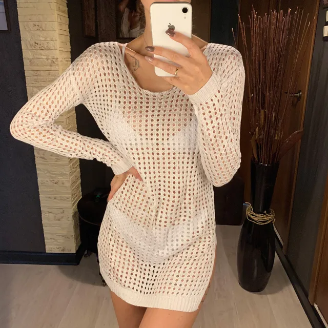 Hollowed out Woollen Sexy Beachwear Bikini Blouse White - Shop at LoveMi