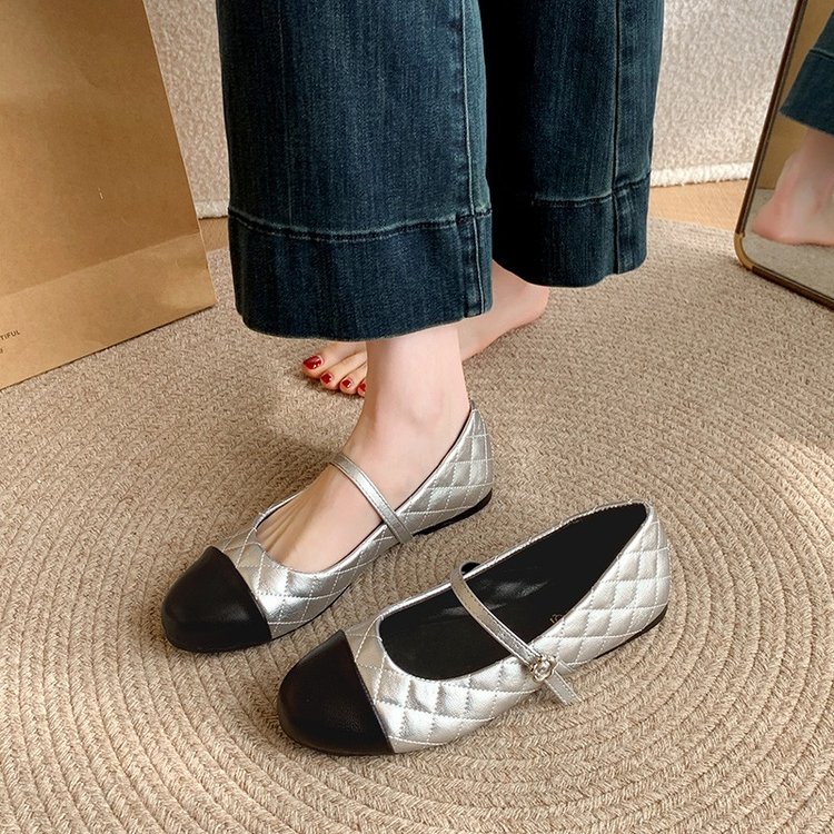 French Style Small Fragrance Color Blocked Round Toe Mary Jane Shoes For Women, Gentle Matching Skirt With A Single Line And Shallow Mouth Single Shoe