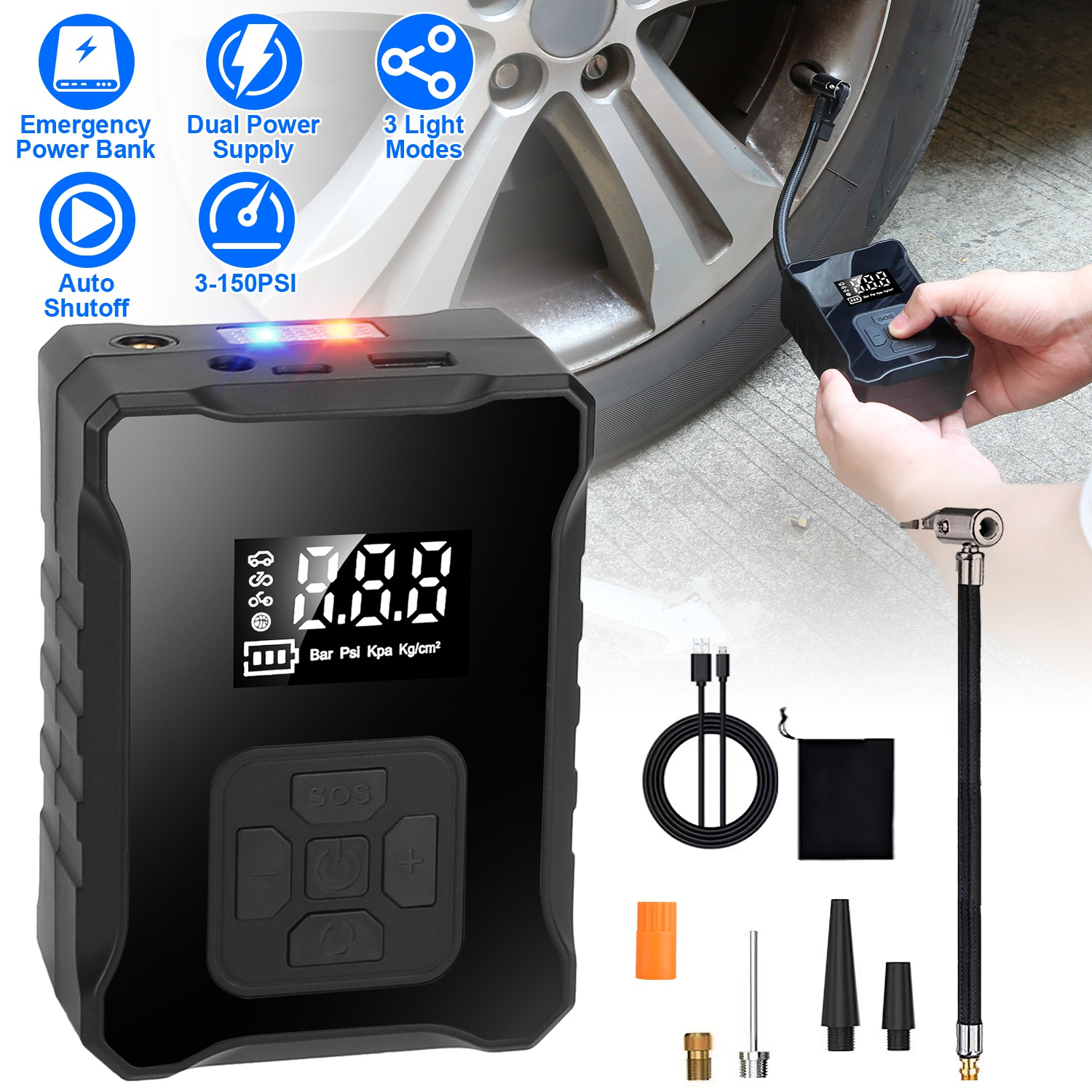 1Pc 150PSI Cordless Tire Inflator Digital Air Compressor With LED Light Emergency Power Bank For Cars Motorcycles Bicycles Balls - Image 10