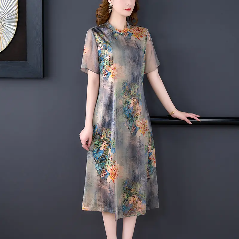 Elegant Cheongsam Chinese Style Silk Chiffon Dress