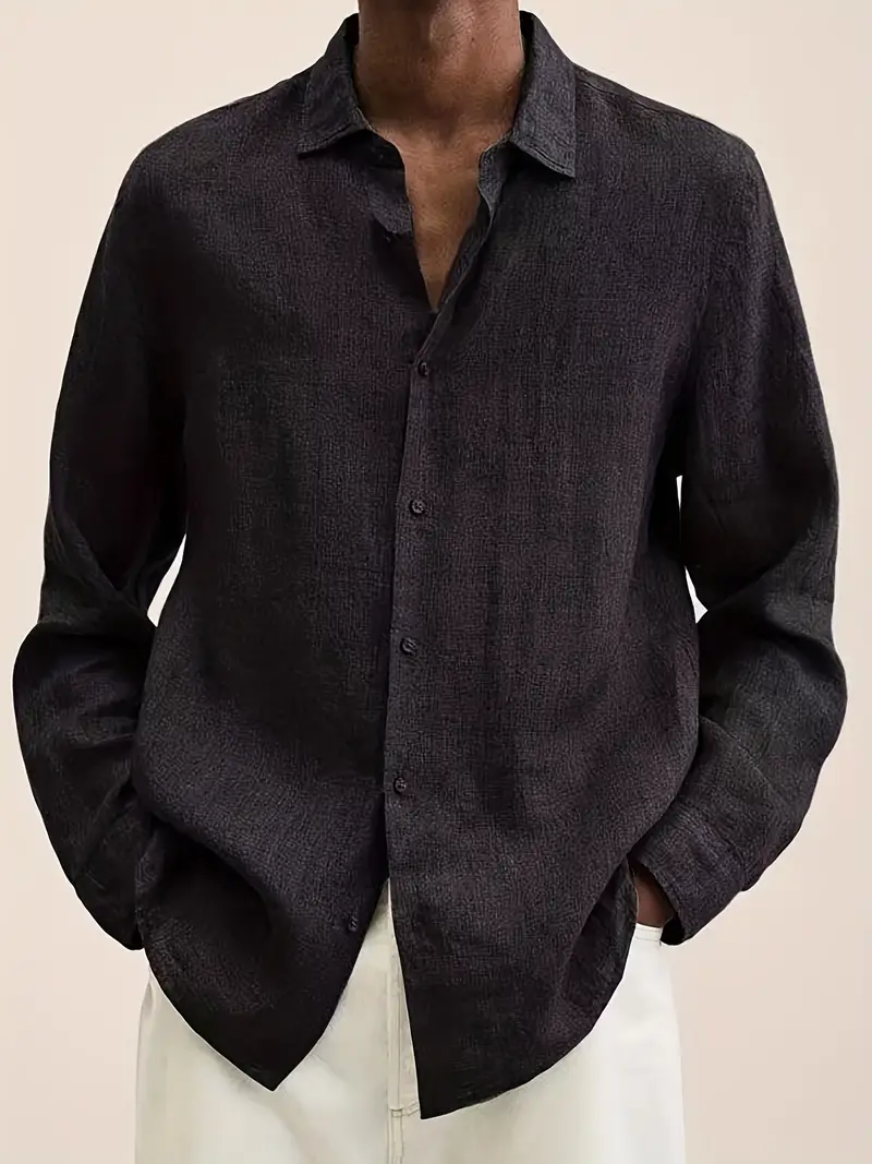 Men's Long-Sleeve Stand-Collar Shirt - Black, Size S