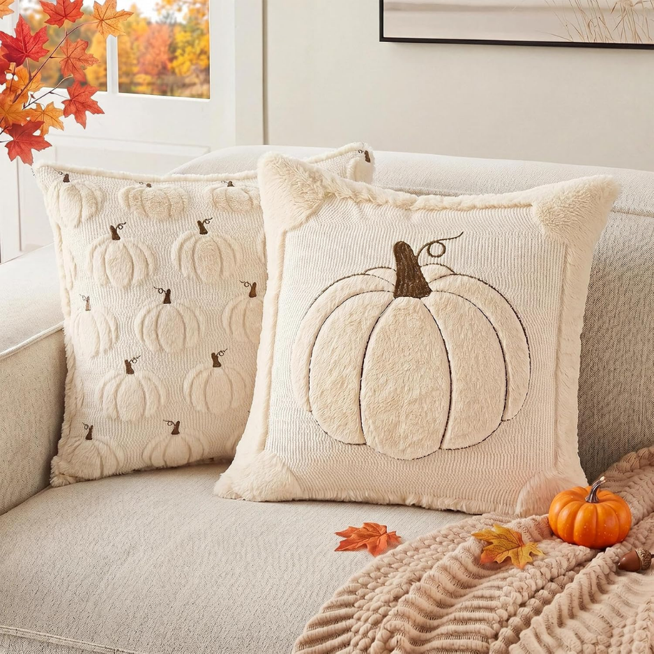 Fall Throw Pillow Covers Set Of 2 Reversible Beige Pumpkin Faux Fur