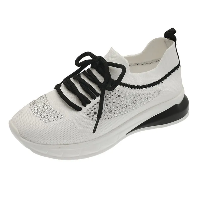 Summer New Style Rhinestone Casual Shoes Women Walking Shoes Socks Sports Shoes - Black