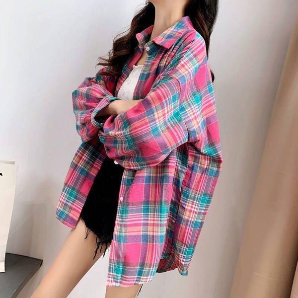 Spring And Autumn Mid length Loose Plaid Shirt Rose Red - Shop at LoveMi