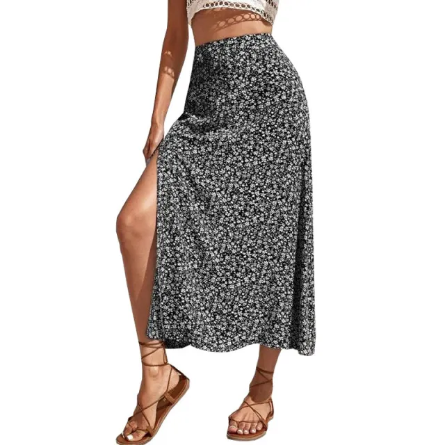 Women's Floral Split A line Bag Hip Mid waist Long Skirt Black - Shop at LoveMi