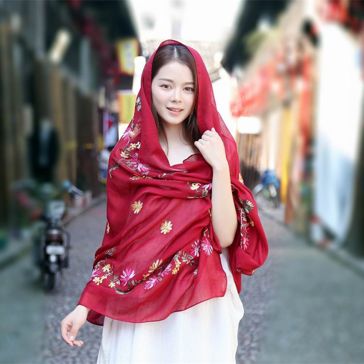 Embroidered Cotton And Linen Scarf Travel Sunscreen Ethnic Style Silk Scarf