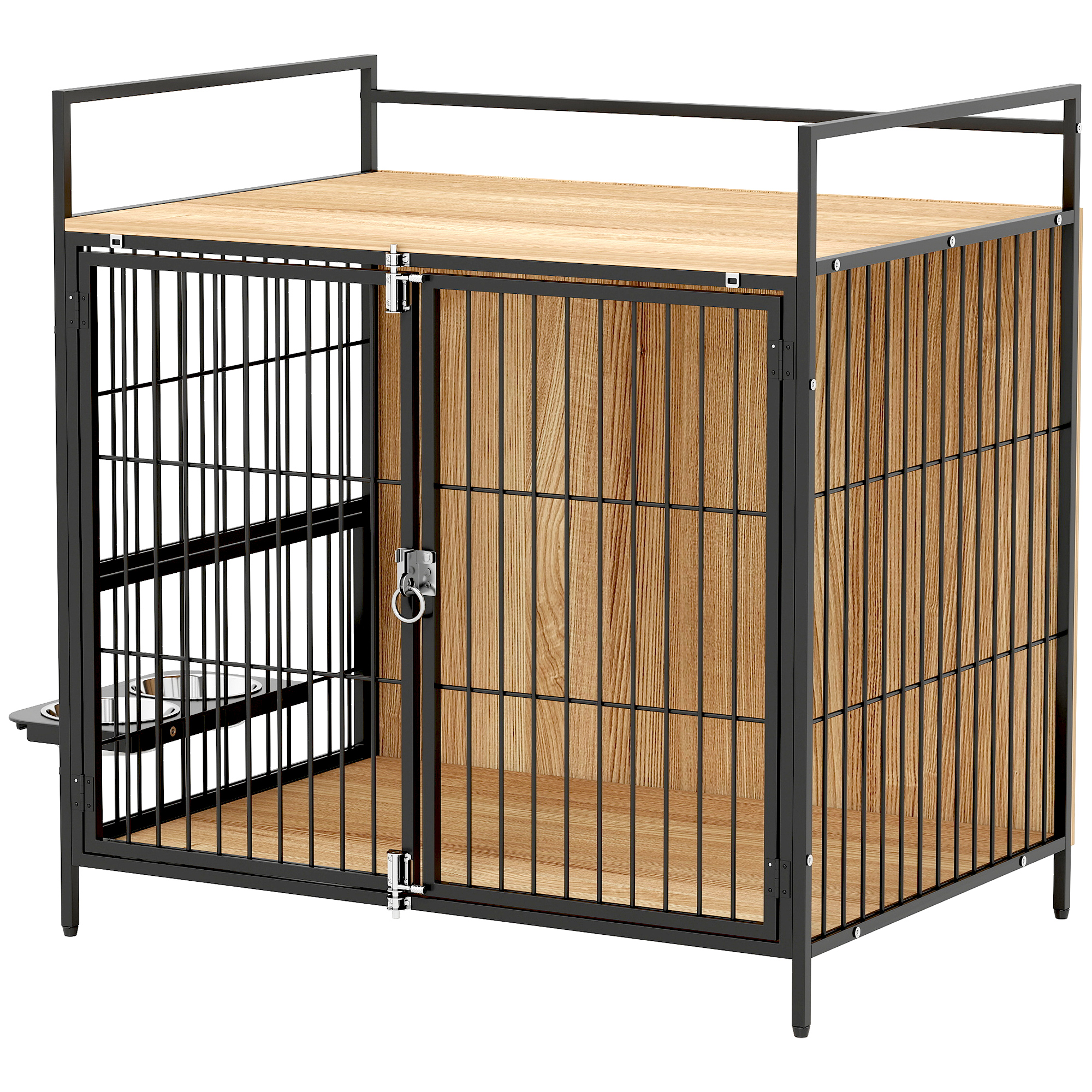 30 Inch Dog Crate Furniture, Indoor Pet Kennel Side Table With Rotatable Bowls, 2 Anti Escape Doors, For M Dogs, Oak Oak - Shop at LoveMi