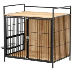 30 Inch Dog Crate Furniture, Indoor Pet Kennel Side Table With Rotatable Bowls, 2 Anti-Escape Doors, For M Dogs, Oak - Oak - View 1