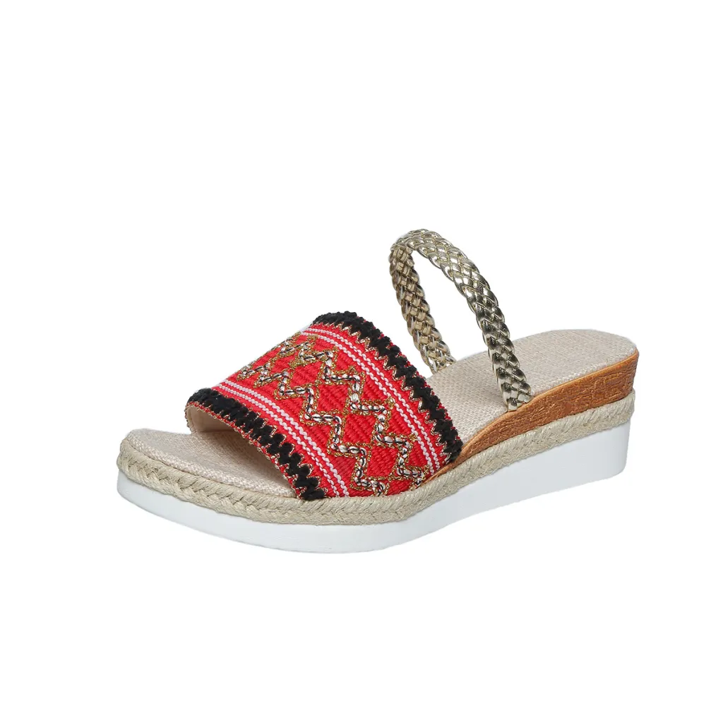 New Color-blocked Wave-patterned Sandals Summer Fashion Wedges Slippers Outdoor Ethnic Style One-line Thick-soled Shoes For Women - Red