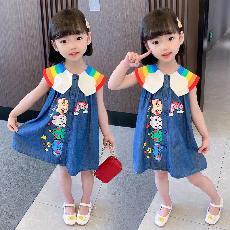 Girls Sleeveless Rainbow Neck Print Denim Dress