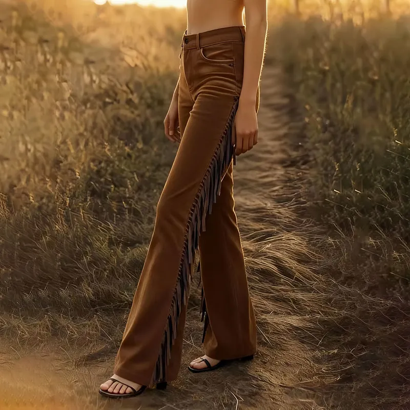 Women's Solid Color Flare Leg Pants With Side Fringe, Bohemian Style Wide Leg Trousers With Pockets - Dark Brown