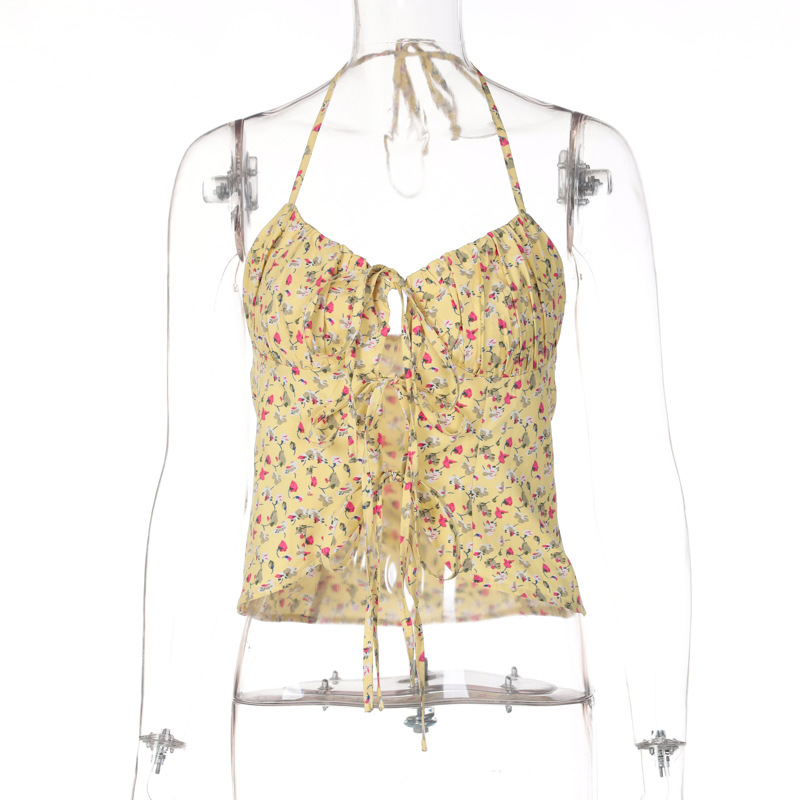 Floral Sleeveless Navel Wrap Breast Tie Slim Top Women