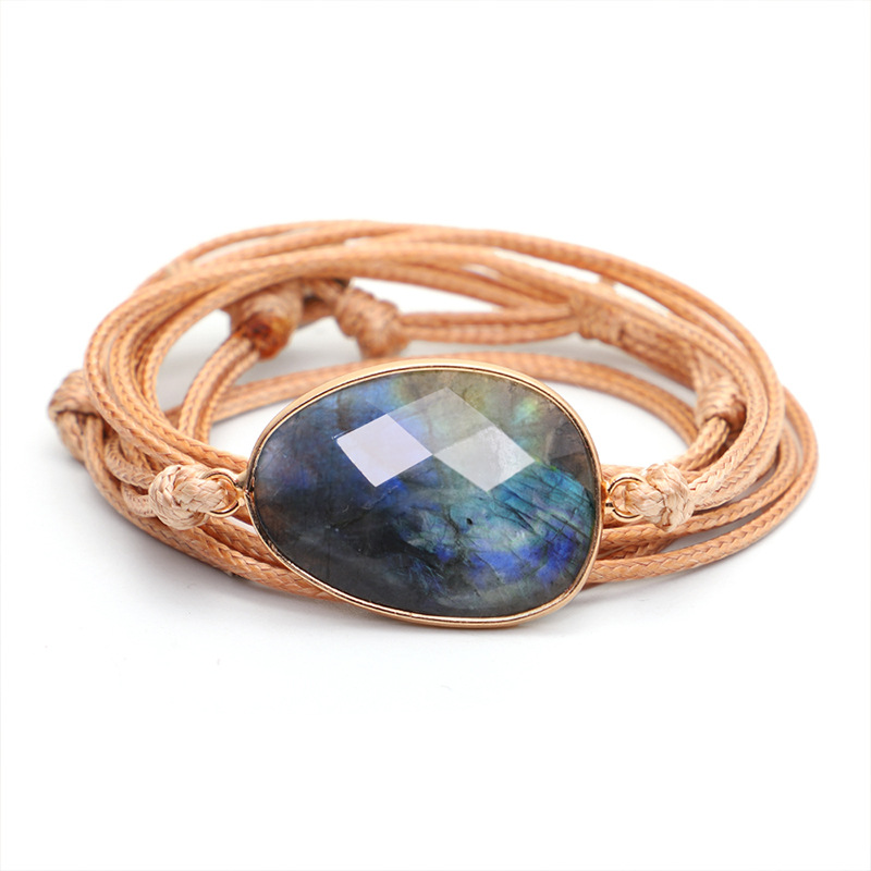 Irregular Shining Stone Labradorite Multi Turn Hand-woven Wax Thread Bracelet Hand Rope