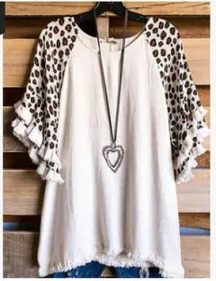 New Lace Ruffle Sleeves Crew Neck Print Colorblock Women's Loose T-Shirt - Leopard Sleeves - View 1