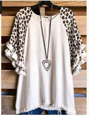 New Lace Ruffle Sleeves Crew Neck Print Colorblock Women's Loose T Shirt Leopard Sleeves - Shop at LoveMi