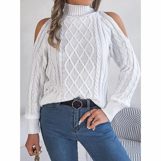 Women's Cold Shoulder Pullover High Neck Long Sleeve Lightweight Sweater Top White - Shop at LoveMi