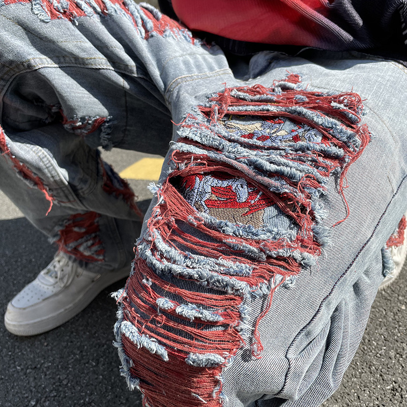 Niche Whisker Ripped Embroidered Jeans