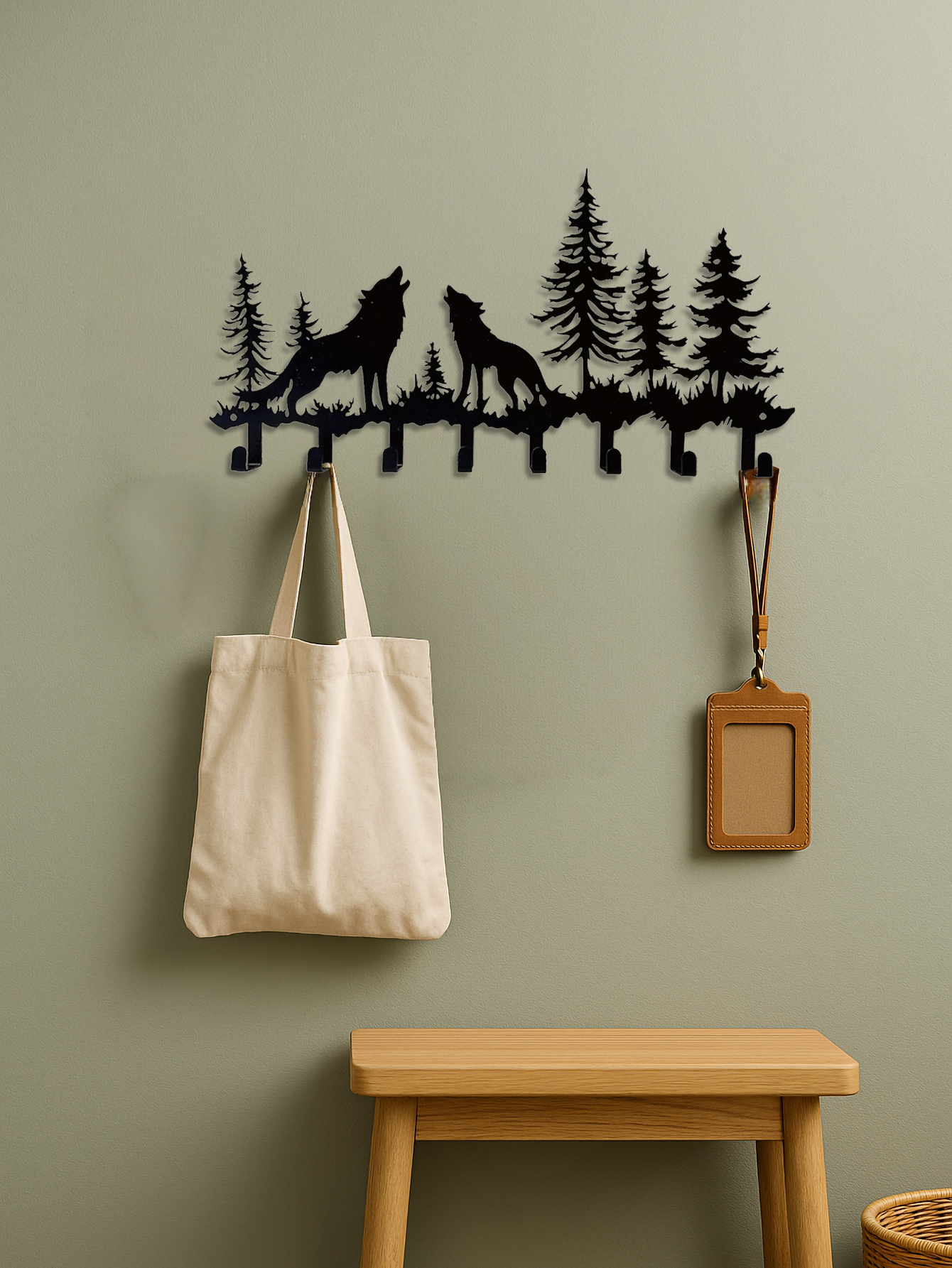 Key Holder Wall Mount Rustic Coat Rack 8 Hooks Entryway Organizer Wolf Decor