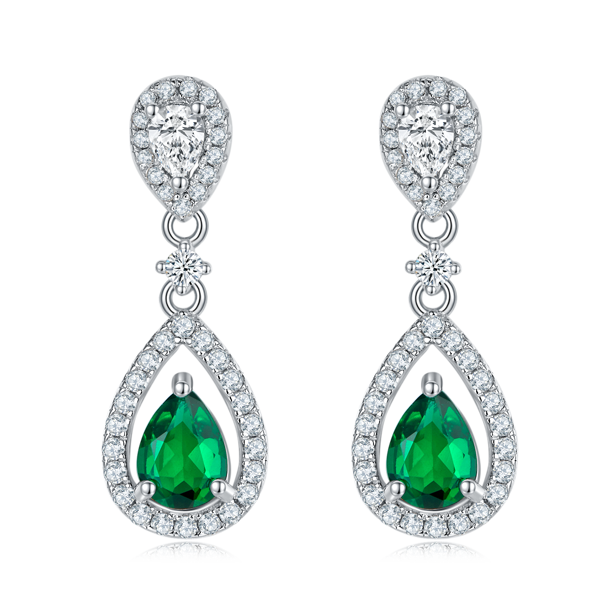 S925 Silver 3.5g Platinum Plated 1.6ct Lab-Created Emerald Drop Earrings, 7x5mm Pear Cut, Pair