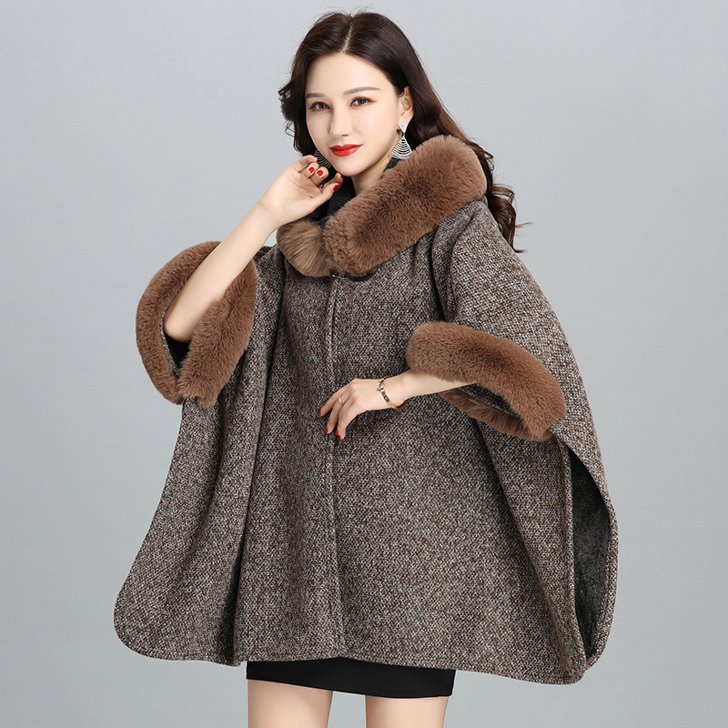 New Faux Fur British Temperament European And American Women's Hoodie Shawl Jacket Khaki - Shop at LoveMi