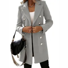 Women's Autumn Winter Long Sleeve Double Breasted Nizi Coat - Grey - View 1