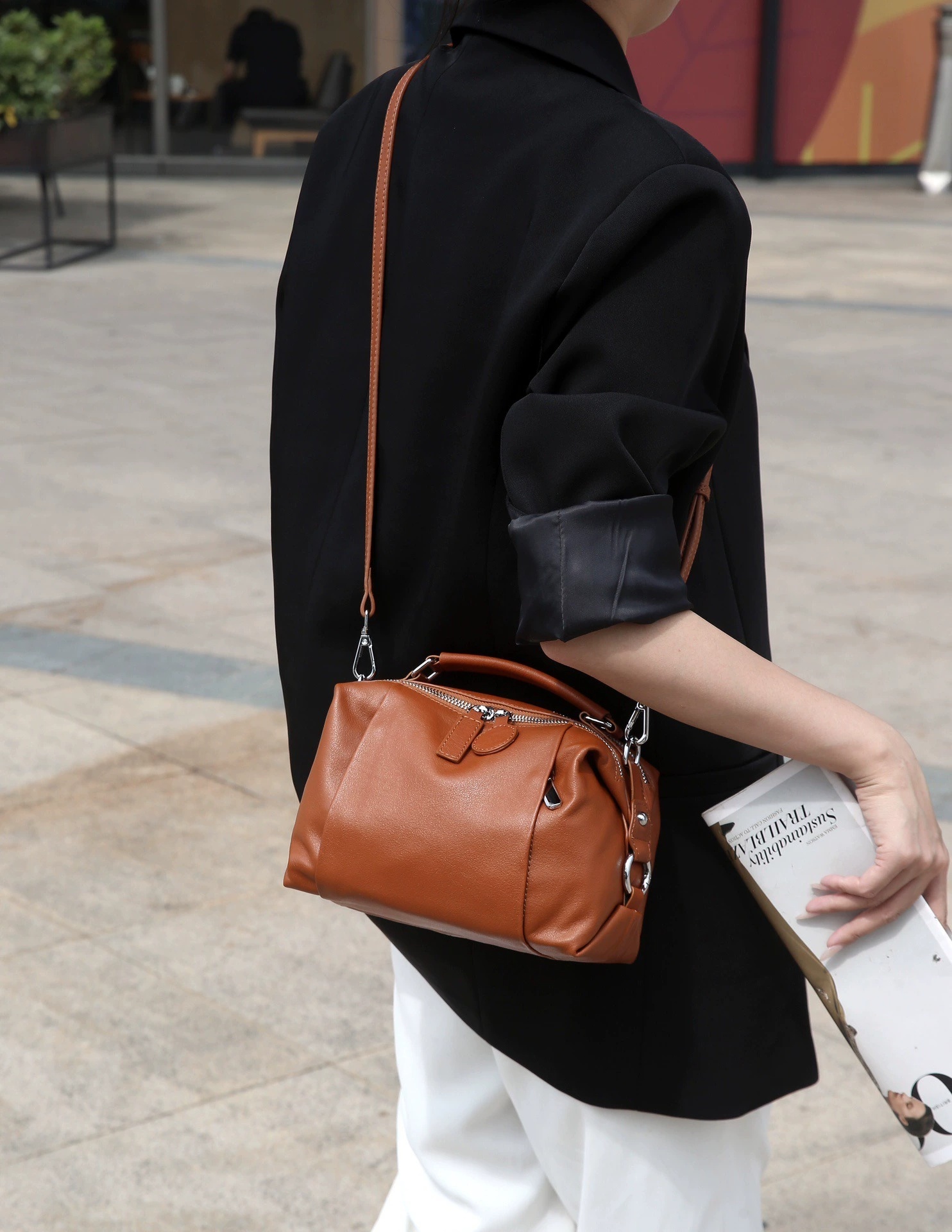 Sac d’oreiller boston en cuir de vachette de qualité supérieure pour femmes – Image 3