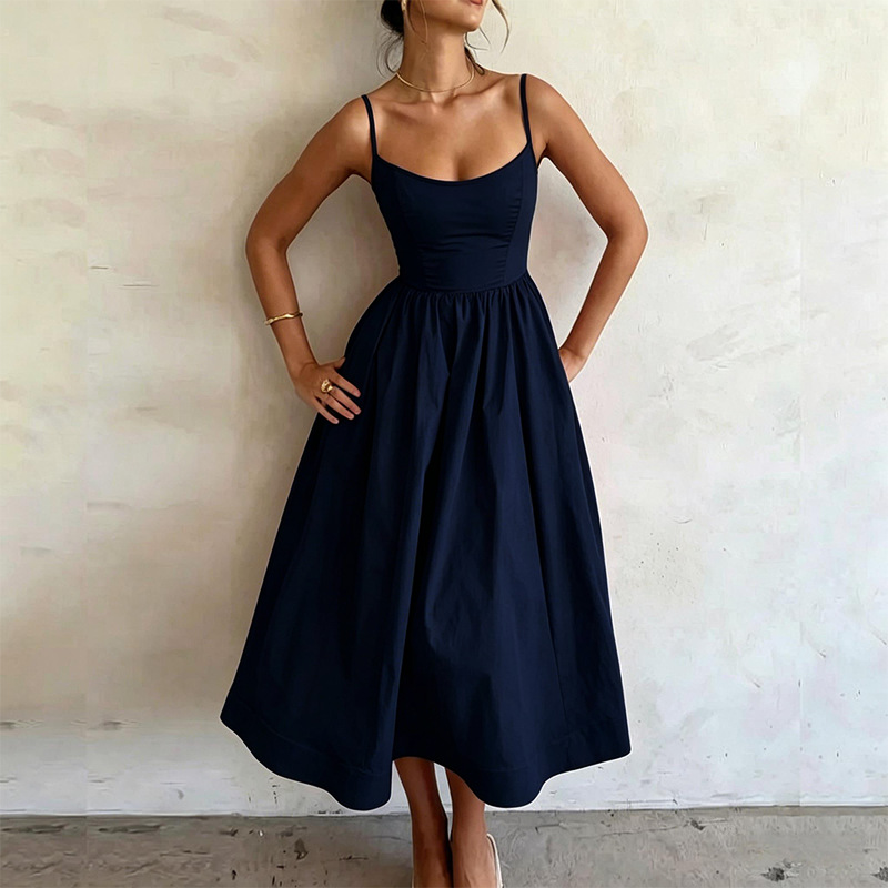 New Summer Women  Fashion Cross-Border European And American Dress Sexy Waist-Tied Pleated Solid Color Flared Spaghetti Strap Dress