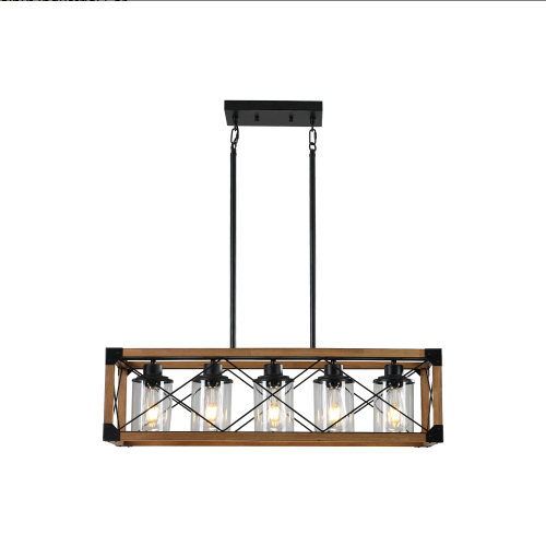 32 Inch Walnut Industrial Farmhouse Rectangle Pendant Light, 5-Light Chandelier With Lampshades For Dining Room, Kitchen Island, Cafe Decor No Bulbs - Image 6