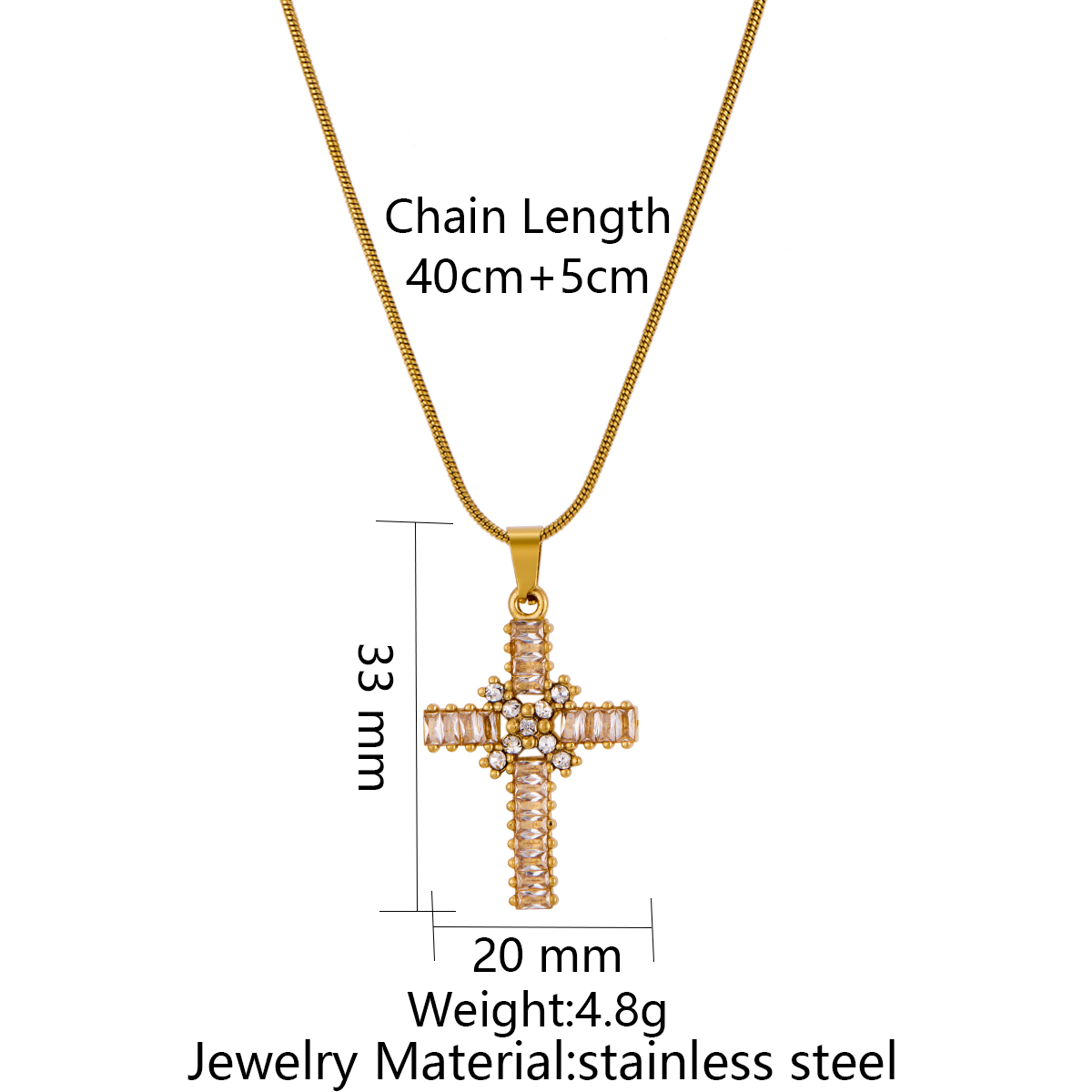 Stainless Steel Cross Pendant Necklace With Zircon Inlay