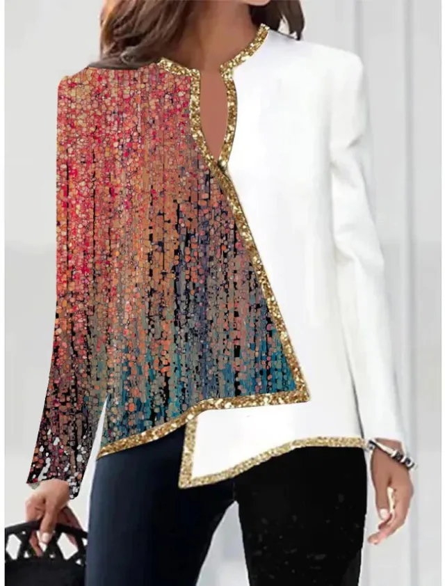 Digital Printed Flower V neck Hem Asymmetric Women's Long Sleeves Q003 Color - Shop at LoveMi