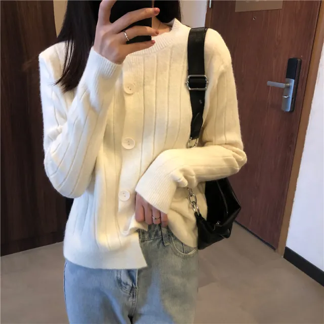 Single breasted Knitted Sweater Cardigan Coat Off White - Shop at LoveMi