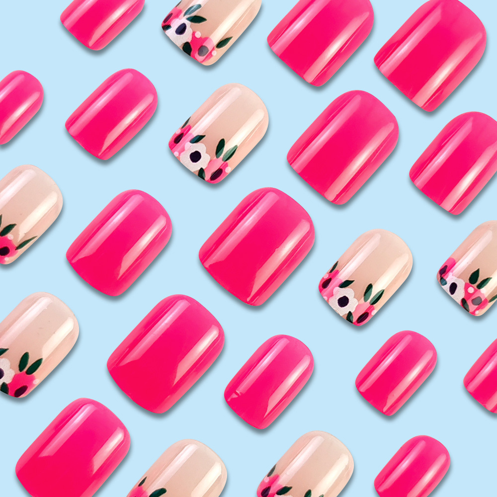 24 Pieces Of Short Square Floral French-style Pressed Nail Pink Acrylic Nail Stickers With Gradient Wearability, Including 1 Piece Of Jelly Glue And 1 Nail File. Nail Accessories. — foto 4