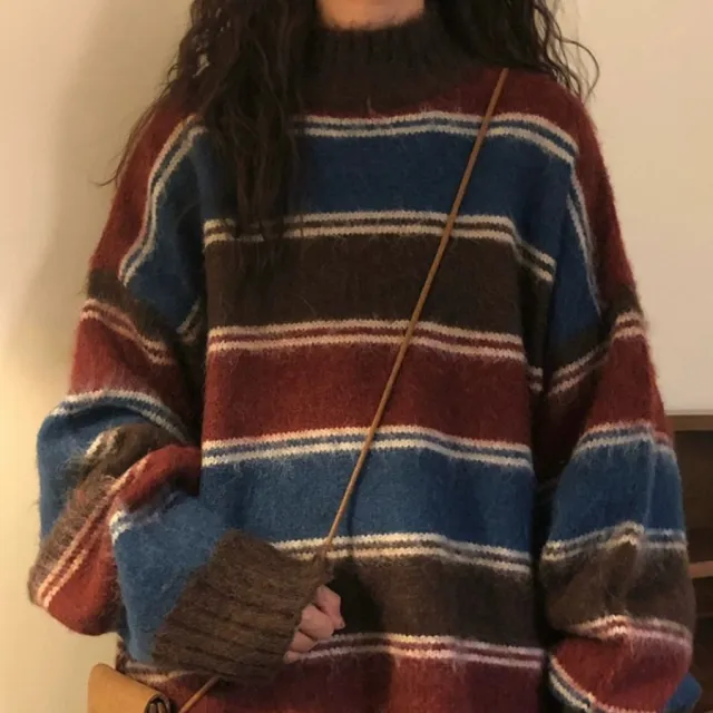 Japanese Art Stripe Half High Neck Sweater Striped Sweater - Shop at LoveMi