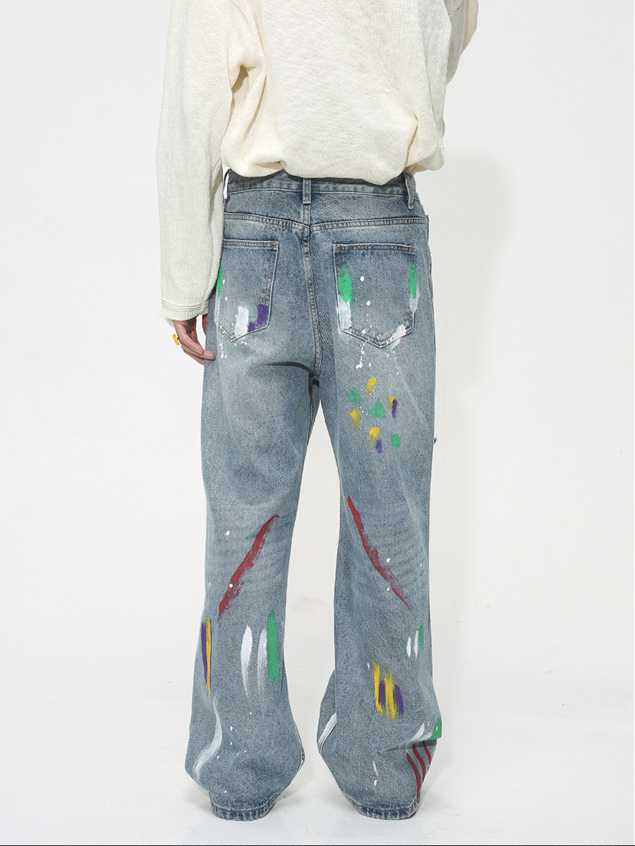 Men's Summer Loose Hole Graffiti Denim Trousers