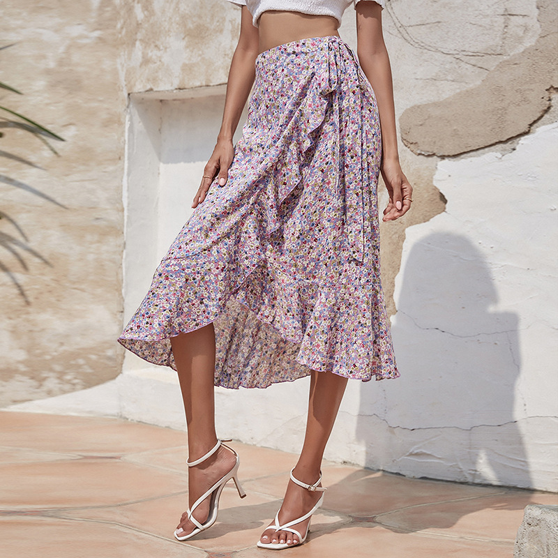 Slim Floral Skirt With Irregular Ruffles And Short