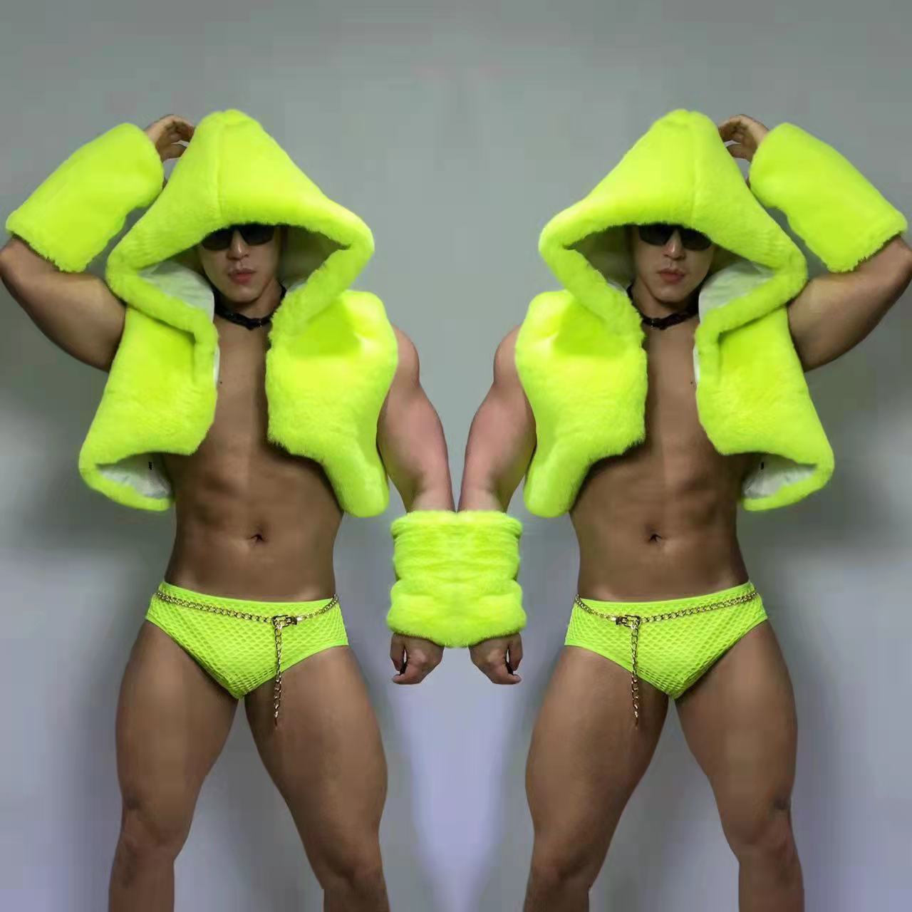 Men And Women Hip-hop Jazz Dance Fluorescent Green Faux Fur Vest Suit