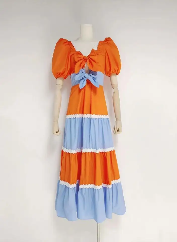 Three-dimensional Bow Stitching Contrast Color Dress