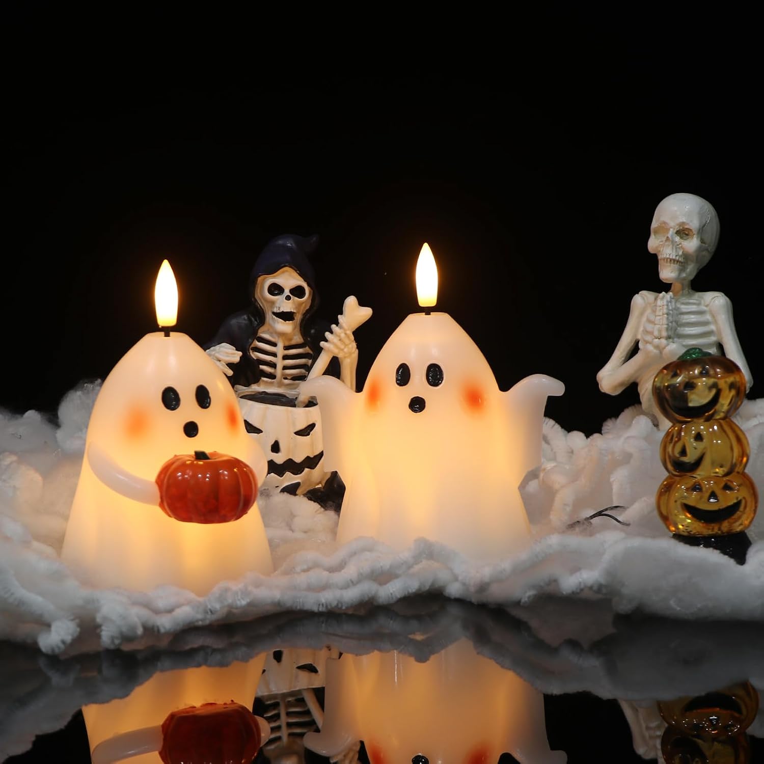 Halloween Ghost Flameless Candle With Timer And Hand-Painted Pumpkin Design 2
