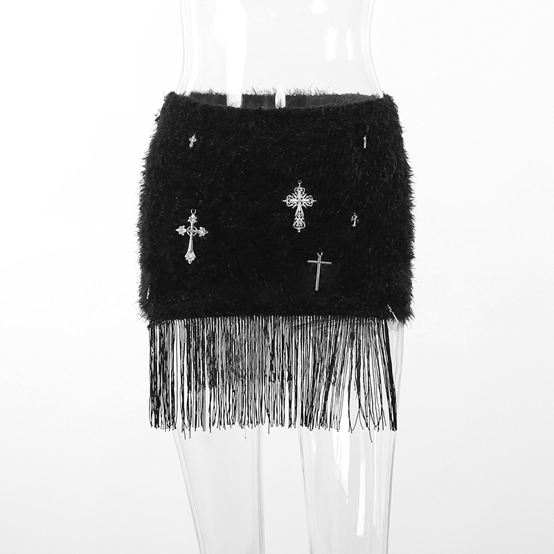 Title 11, Womens High Waisted Cross Printed Fringed Skir...