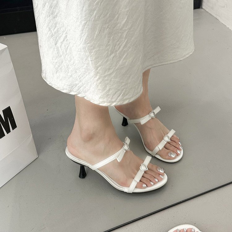 French Polka Dot Bow High-heeled Shoes For Women, White Round Toe Straight Strap Sandals For Women