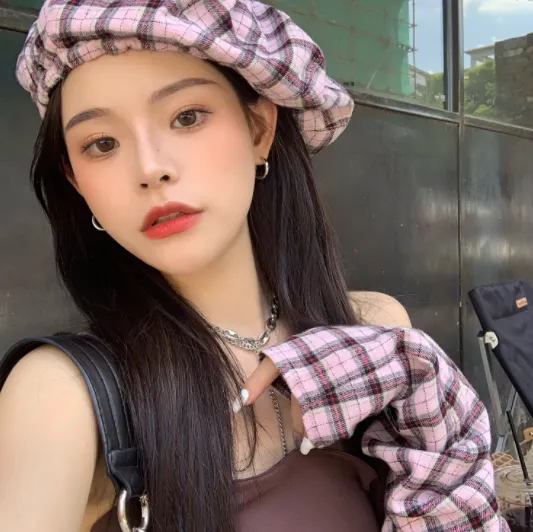 Korean Red Plaid Beret Cloud Hat Pink - Shop at LoveMi