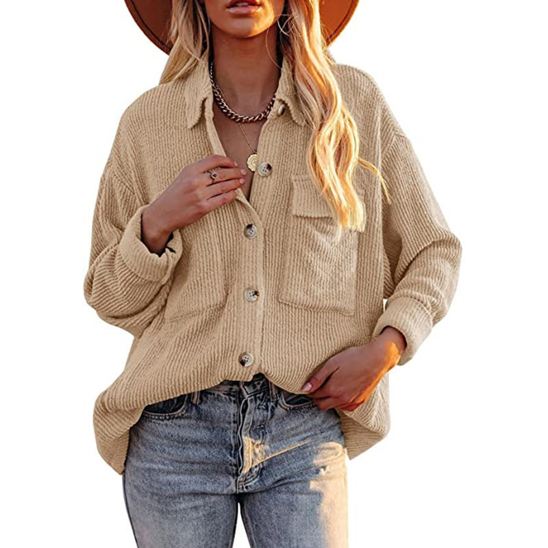 Title 6, Solid Color Loose Corduroy Pocket Long Sleeve C...