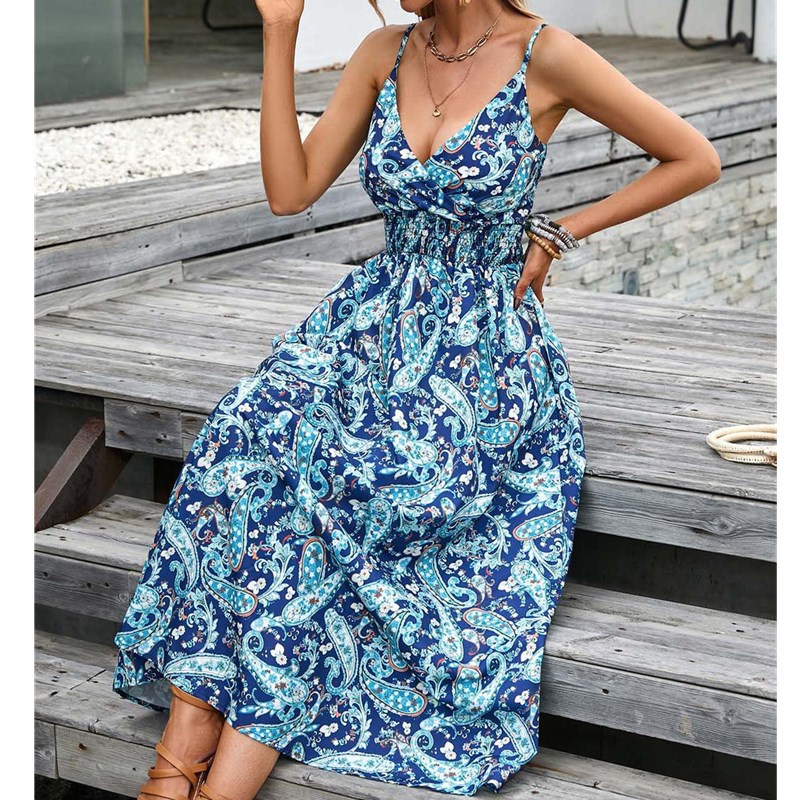 Fashionable Deep V Printed Slip Dress Summer Navy Blue - Shop at LoveMi