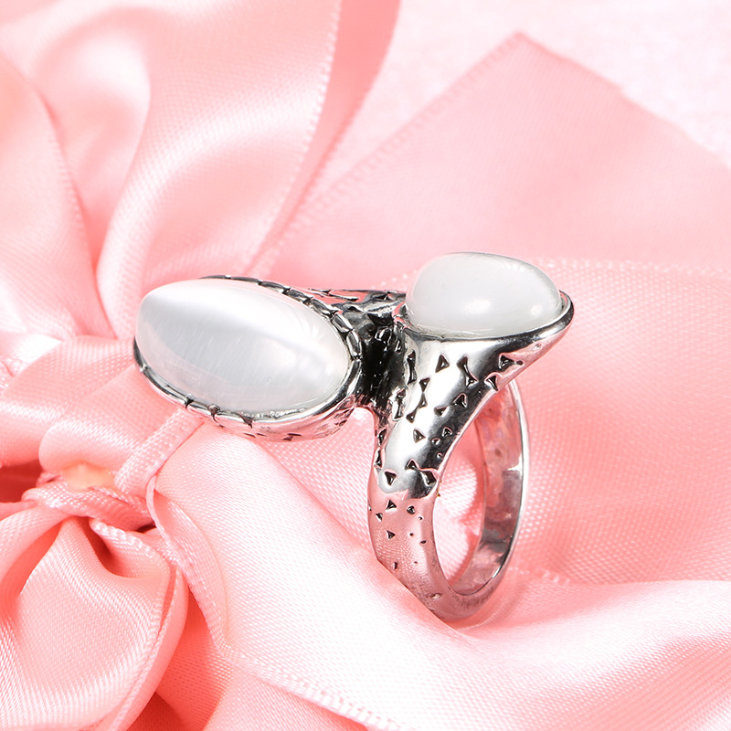 Silver Large Oval Opal Cross Unique Design Ring