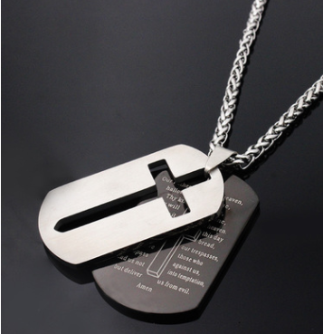 Fashion personality Double-layer English scriptures badge Punk retro titanium steel pendant necklace