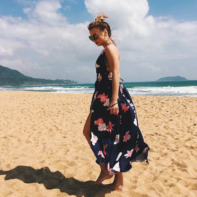 USA SIZE Sexy V-neck halter dress Fashion printed bandage beach dress