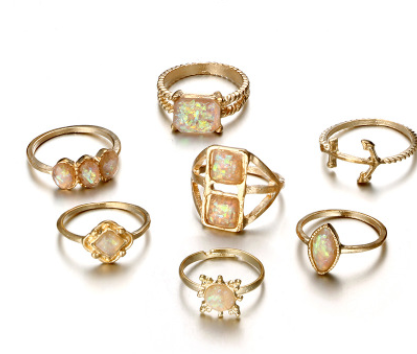 European and American minimalist geometric opal 7-piece suit ring crystal anchor set ring