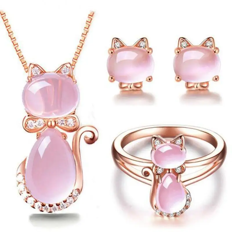 Cat Jewelry Set in Rose Gold Plate & Quartz